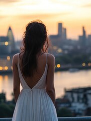 Canvas Print - Woman in white dress overlooking city