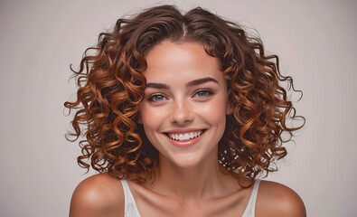 Wall Mural - A woman with curly hair is smiling and looking at the camera. The image has a happy and positive mood