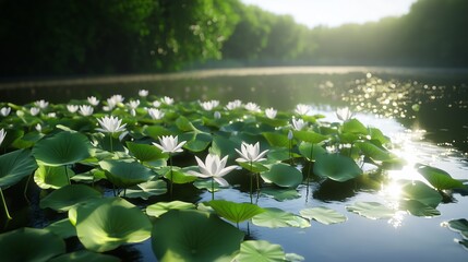 Poster - tranquil water lilies in a serene lake at dawn surrounded by lush greenery and soft sunlight
