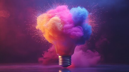 Poster - A light bulb bursts with colorful smoke, filling the dark space with energy and artistic expression