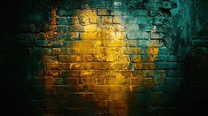 Poster - Abstract texture features vibrant yellow and teal hues on a weathered brick wall, showcasing urban artistry