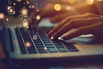 A pair of hands is typing on a laptop keyboard overlayed with graphics of digital locks, symbolizing cybersecurity and data protection.