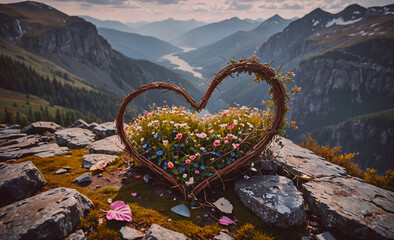 Poster - A heart made of flowers is sitting on a rock in the mountains. The flowers are in a wicker basket and the heart is surrounded by them. The scene is peaceful and serene