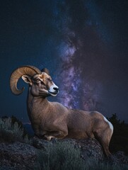 Wall Mural - ram on hill under night sky