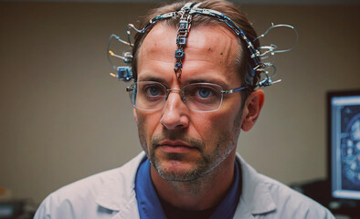 Poster - A man wearing a white lab coat and glasses with a headpiece on his head. He looks serious and focused