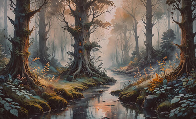 Poster - A forest with a river running through it. The trees are tall and the water is calm