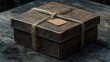 © logyartstudios - Rustic brown gift box tied with twine and blank tag on wooden surface.