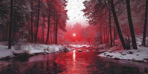 Wall Mural - snowy forest with river