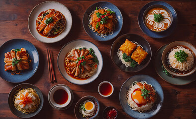 Poster - A table full of Asian food with chopsticks. The food is arranged in a way that makes it look like a buffet