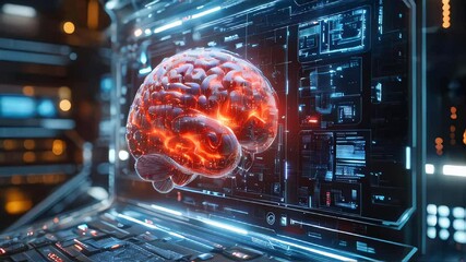 Poster - A glowing digital 3D brain model displayed over a futuristic circuit board background, symbolizing artificial intelligence and innovation