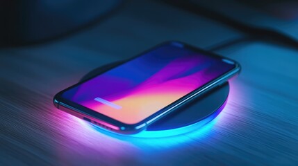 Poster - A wireless charging pad with glowing indicators charging a smartphone