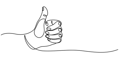 Poster - Continuous one line drawing of like hand showing thumb up. Vector illustration, Minimalist vector illustration representing a thumb up, a symbol of approval, drawn with one continuous line, pro vector