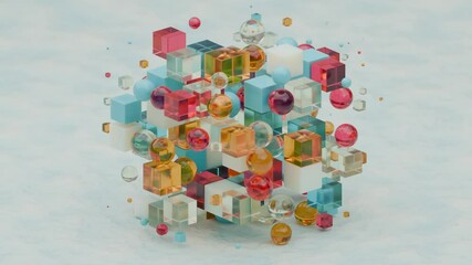 Poster - loop 3d animation of an array, clouds of glass cubes and spheres that appear and disappear. an abstr