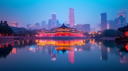 Wall Mural - Illuminated Chinese Pavilion Cityscape Reflection Night View