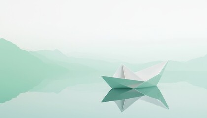 Poster - Delicate White Paper Boat Floating Serenity on Calm Large Body of Water with Misty Mountains in the Background