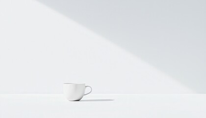 Poster - Minimalist Composition Featuring a Single White Cup on a Large Surface with Soft Shadows and Subtle Color Palette