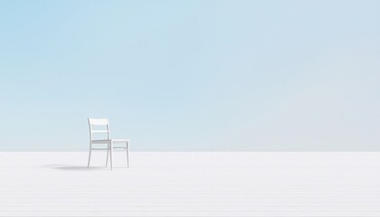 Poster - Minimalist Single Chair on Large Empty Space with Soft Blue Background and Wooden Floor