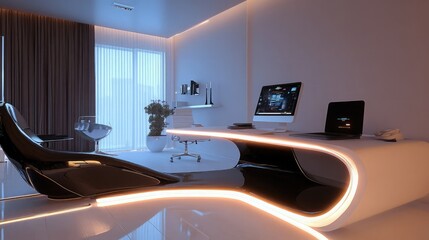 Poster - Futuristic home office with sleek technology and glowing LED accents