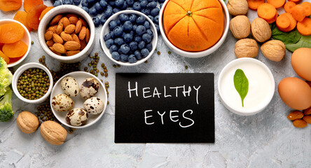 Poster - Food for eyes health. Foods that contain vitamins, nutrients, minerals and antioxidants.