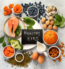 Poster - Food for eyes health. Foods that contain vitamins, nutrients, minerals and antioxidants.