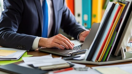 Poster - A businessman using a computer for online document management and secure cloud storage systems
