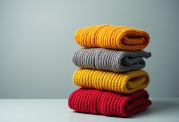 Poster - Stack of folded sweaters in grey, yellow and red.