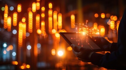 Poster - Person Holding Tablet with Digital Interface in Industrial Setting