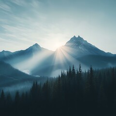 Sticker - Majestic Mountain Sunrise Through Misty Forest