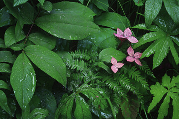 Poster - A misty morning in a dense rainforest with dew-covered leaves and ferns