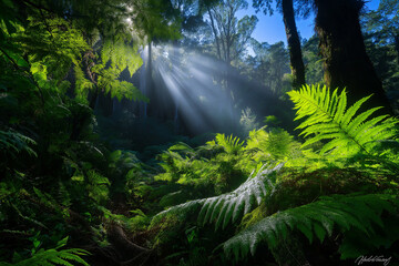 Wall Mural - A misty morning in a dense rainforest with dew-covered leaves and ferns