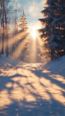 Poster - Soft golden rays filter through frost-covered trees, illuminating a peaceful winter pathway. The warm light contrasts beautifully with the cool tones of fresh snow, creating a magical atmosphere