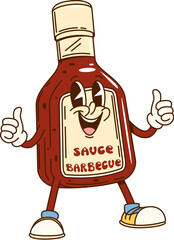 Leinwandbilder - Cartoon groovy barbecue sauce bottle character with happy face, vector emoji. Groovy BBQ sauce bottle character in retro cartoon with thumbs up and funky happy smile for fast food hot dog or grill