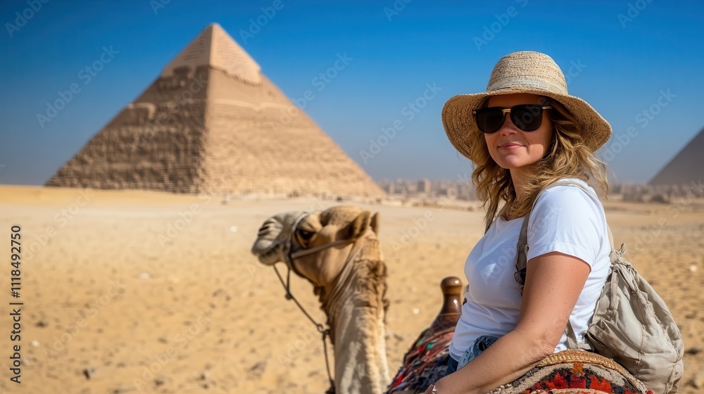 Someone Riding Camel A serene travel scene with a person riding a camel near the Great ...