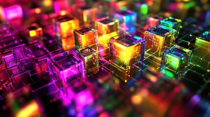 Wall Mural - Vibrant, colorful glass cubes illuminate a reflective surface in a dynamic, abstract composition.