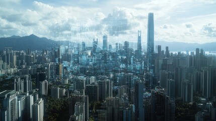 Aufkleber - A futuristic cityscape with digital overlays showcasing technology and urban development.