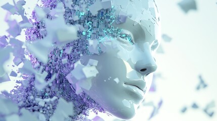 Poster - A futuristic, fragmented face composed of digital elements and shapes, symbolizing technology.