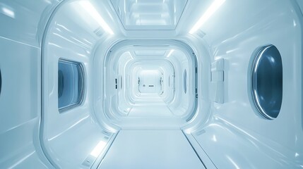 Aufkleber - A futuristic, sterile corridor with smooth surfaces and ambient lighting.