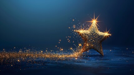 Fototapete - Over a dark blue setting, a lone star appears with a vector light effect of dazzling golden sparkles and waves of gleaming dust routes and space, Generative AI.