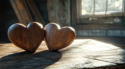 Canvas Print - Wooden hearts on wooden table