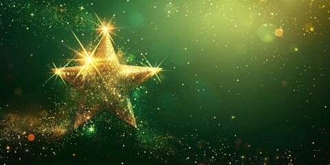 Fototapete - Over a bright green setting, a lone star appears with a vector light effect of dazzling golden sparkles and waves of gleaming dust routes and space, Generative AI.