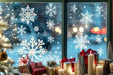 Fototapete - With red and green gifts beneath and a setting of a Christmas starry sky, white snowflake motif stickers over the glass offer a festive ambiance a lovely snowy night scene and space, Generative AI.