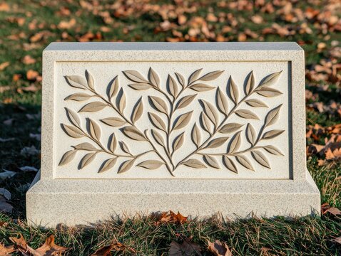 Always loved and remembered. Carved stone memorial featuring intricate leaf design.