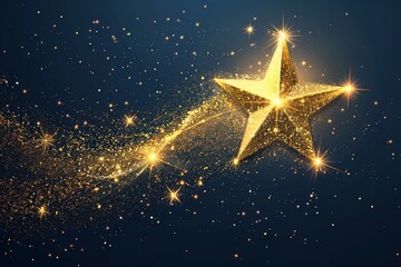 Fototapete - Over a dark blue setting, a lone star appears with a vector light effect of dazzling golden sparkles and waves of gleaming dust routes and space, Generative AI.