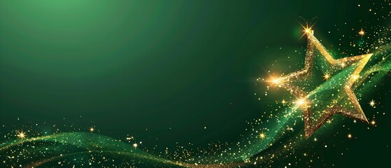 Fototapete - Over a bright green setting, a lone star appears with a vector light effect of dazzling golden sparkles and waves of gleaming dust routes and space, Generative AI.