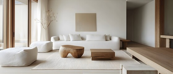 Poster - Minimalist Living Room Design Featuring Natural Materials, Soft Textures, and Neutral Color Palette for Contemporary Home Aesthetics