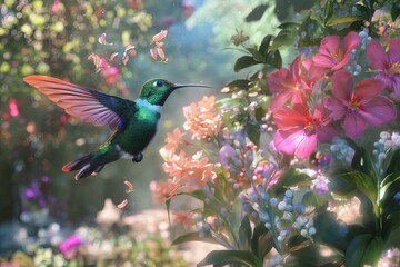Poster - A hummingbird hovering in mid-air as it sips nectar from a flower.