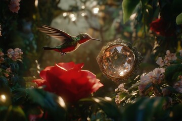 Poster - A hummingbird hovering in mid-air as it sips nectar from a flower.