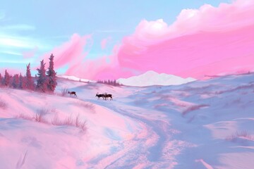 Poster - A herd of reindeer trekking through a snow-covered tundra under a pale pink sky.