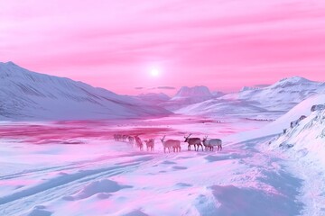 Poster - A herd of reindeer trekking through a snow-covered tundra under a pale pink sky.
