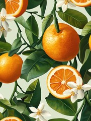 Canvas Print - Oranges with leaves and flowers